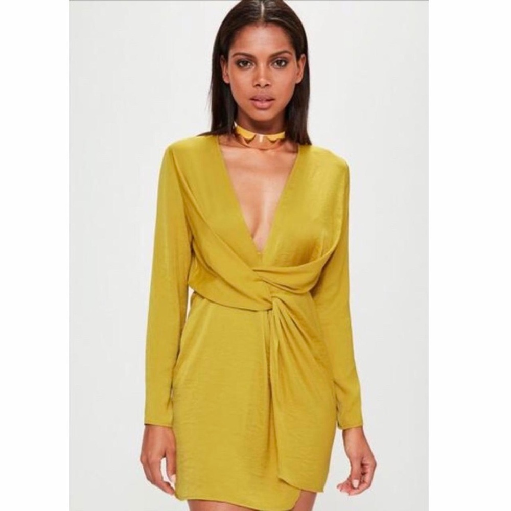 Missguided Yellow Long Sleeve Wrap Dress